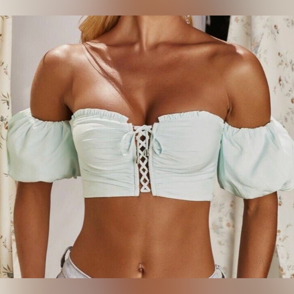 Oh Polly Off-Shoulder Lace-Up Crop Top - Teal